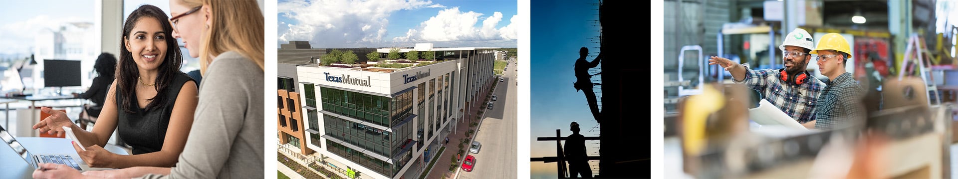 Texas Mutual headquarters stands proudly alongside business imagery, backed by Texas Mutual, Texicare delivers trusted small business health coverage